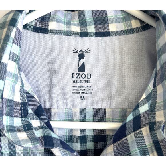 Izod Seaside Twill Shirt Men's Size M Long Sleeve Button Up Pockets Blue Plaid - Picture 4 of 6